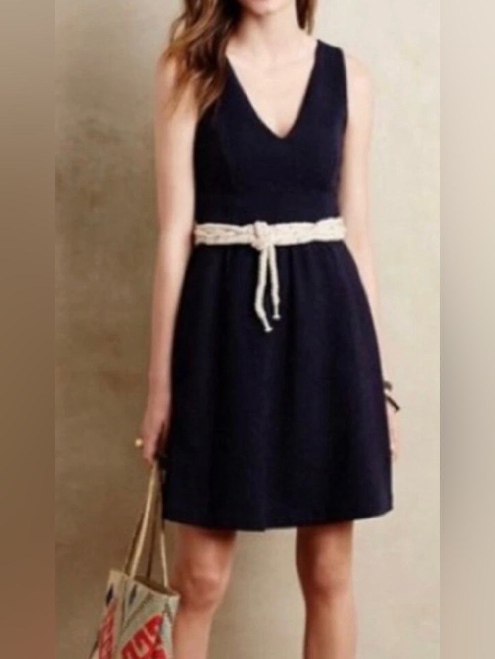 Maeve by Anthropologie Navy V-Neck Mini Dress with Cut Out Back Detail - Size 0P